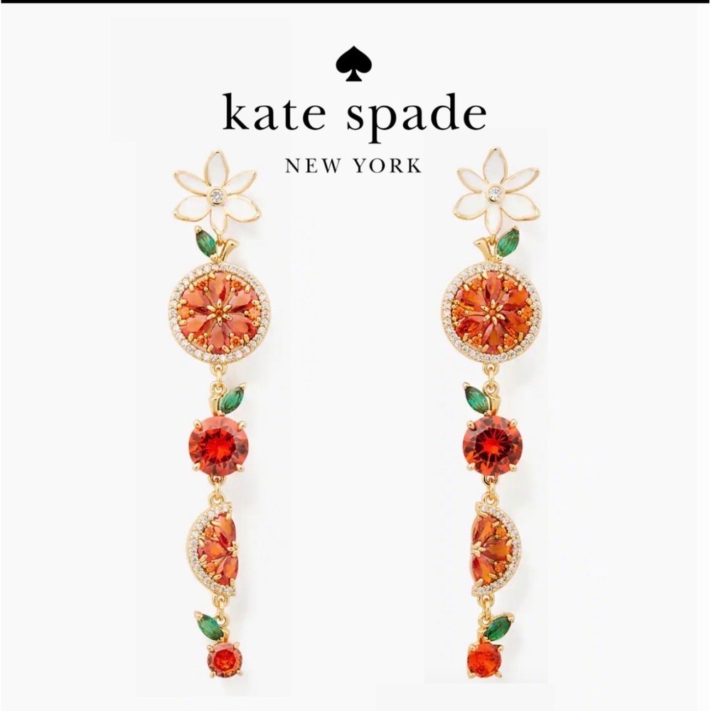 Kate Spade Citrus Fruit Drop Earrings Gold Tone Crystal Orange Flower NWT Boho - Picture 3 of 6